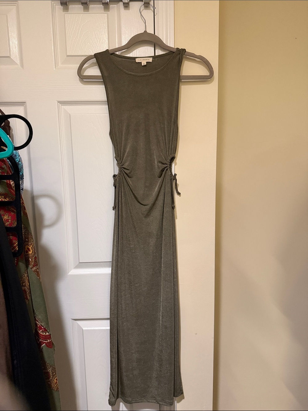 La Hearts Olive Green Sleeveless Maxi Dress with Side Tie Details